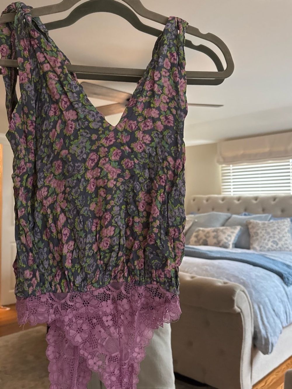 Free People Floral V-Neck Lace Trim Tank Bodysuit - Purple Floral